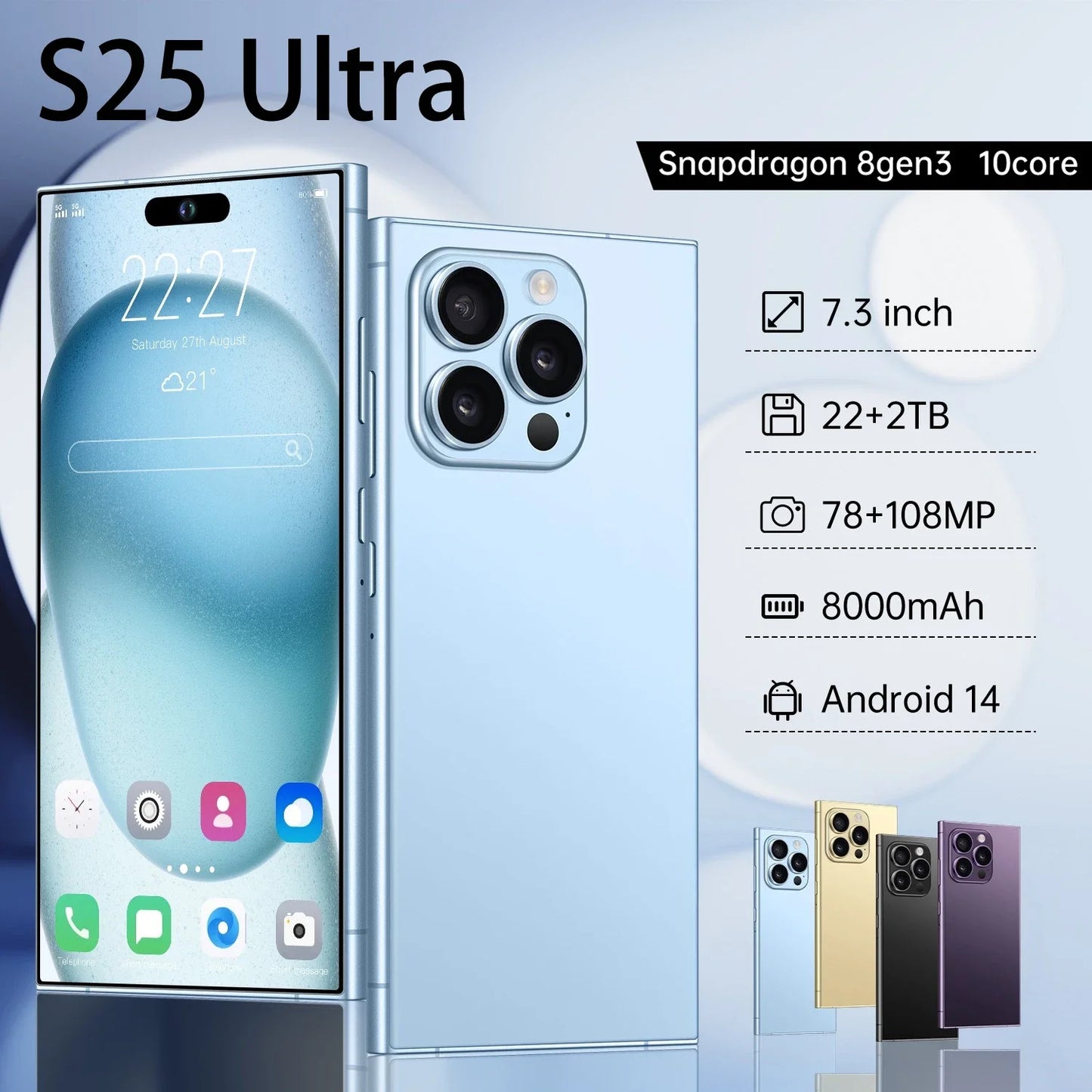 S25 Ultra Original Android 14 Unlocked SmartPhone 7.3 Inch Snapdragon 8 Gen 3 Mobile Phones Camera 5G Dual Sim 22GB+2TB Celular